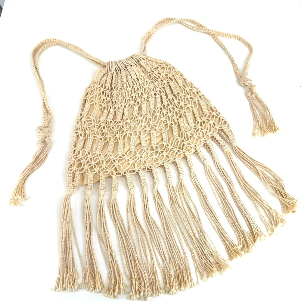 Vintage Beige Cream Macrame Boho Crochet Fringe Drawstring Bag